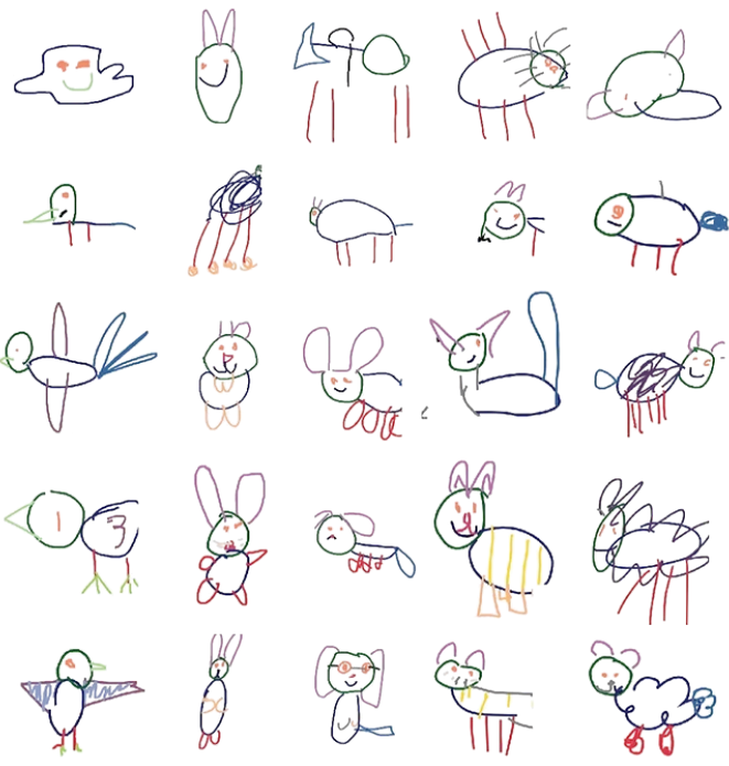 Grid of 25 colorful children's drawings of animals, including rabbits, birds, cats, and fish.