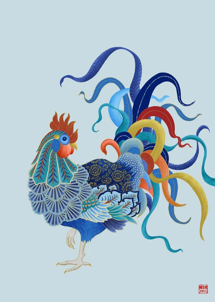 Illustrated rooster with patterned blue and gold feathers and long, ribbon-like tail plumes in blue, red, and gold.